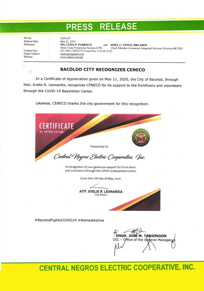 BACOLOD CITY RECOGNIZES CENECO - Central Negros Electric Cooperative, Inc.