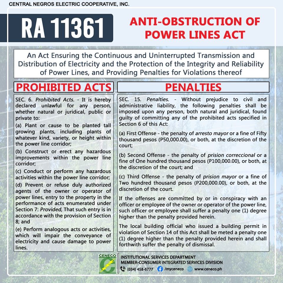 Republic Act No. 11361 "Anti-Obstruction of Power Lines Act"