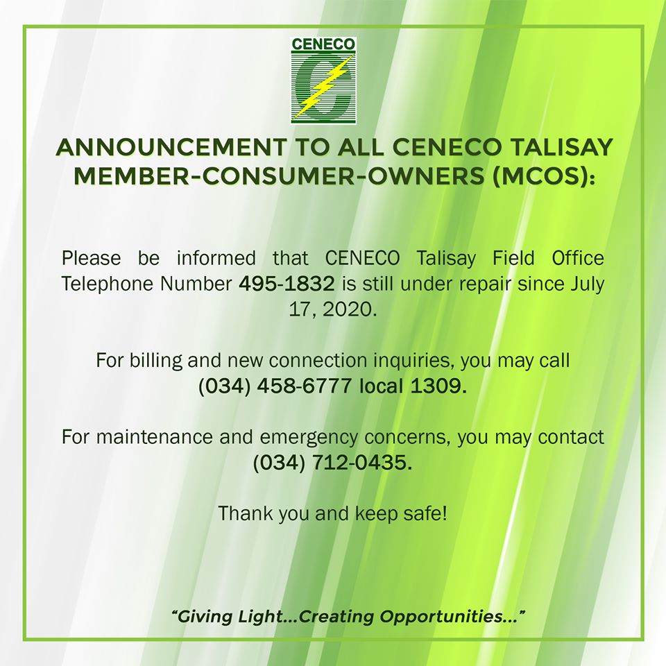 ANNOUNCEMENT To all CENECO Talisay Member-Consumer-Owners (MCOs
