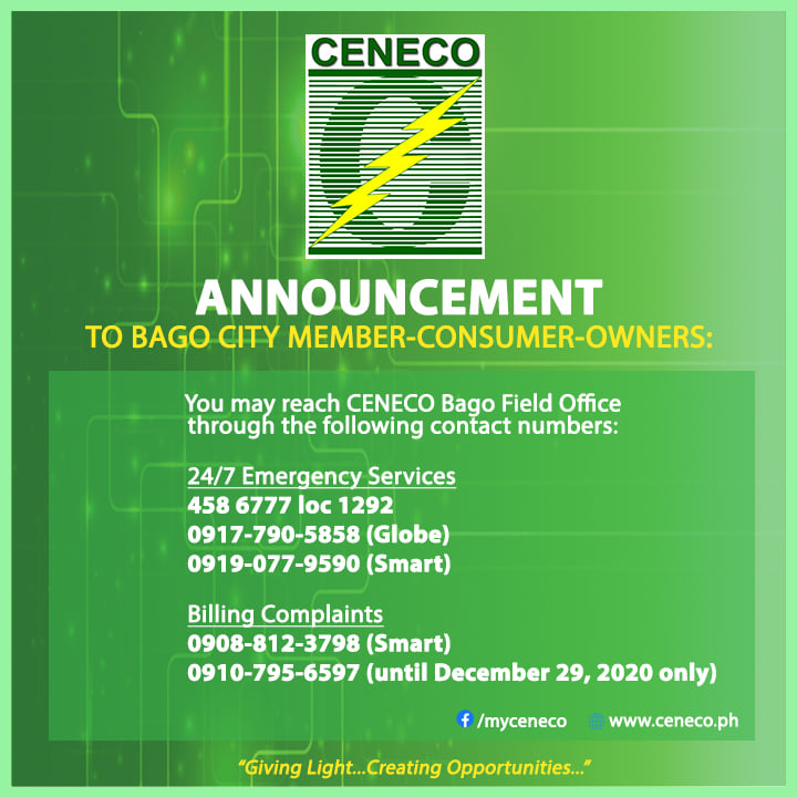 CENECO Bago Field Office contact numbers - Central Negros Electric