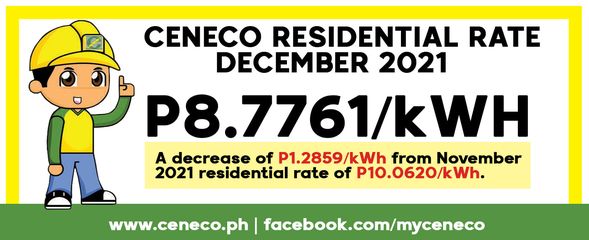 CENECO DECEMBER RESIDENTIAL RATES DOWN BY P1.2859/kWh
