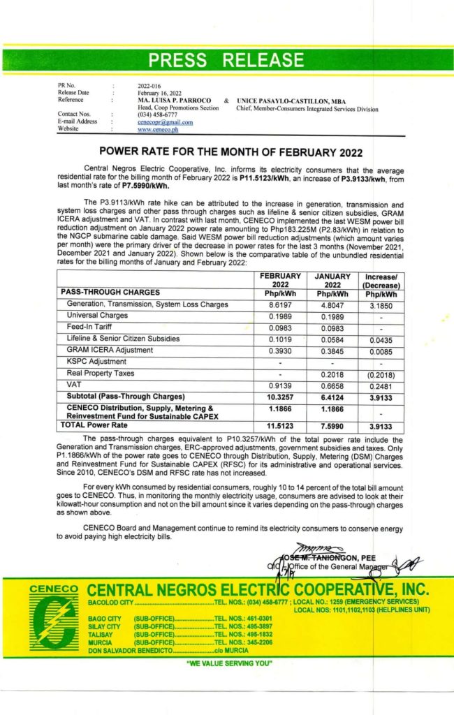 POWER RATE FOR THE MONTH OF FEBRUARY 2022