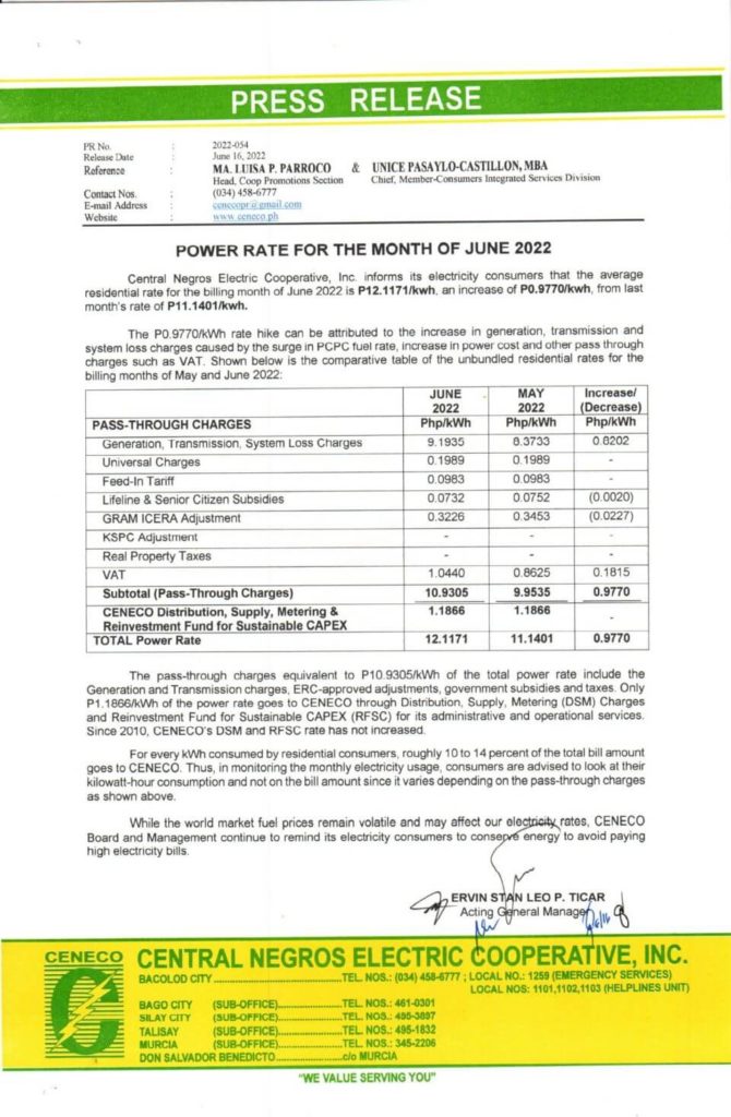 POWER RATE FOR THE MONTH OF JUNE 2022