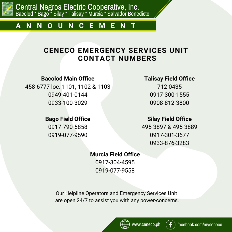 FYI: CENECO Emergency Services Unit Contact Numbers - Central Negros