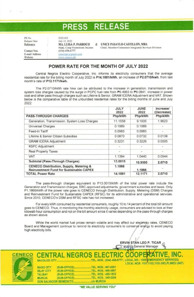 POWER RATE FOR THE MONTH OF JULY 2022