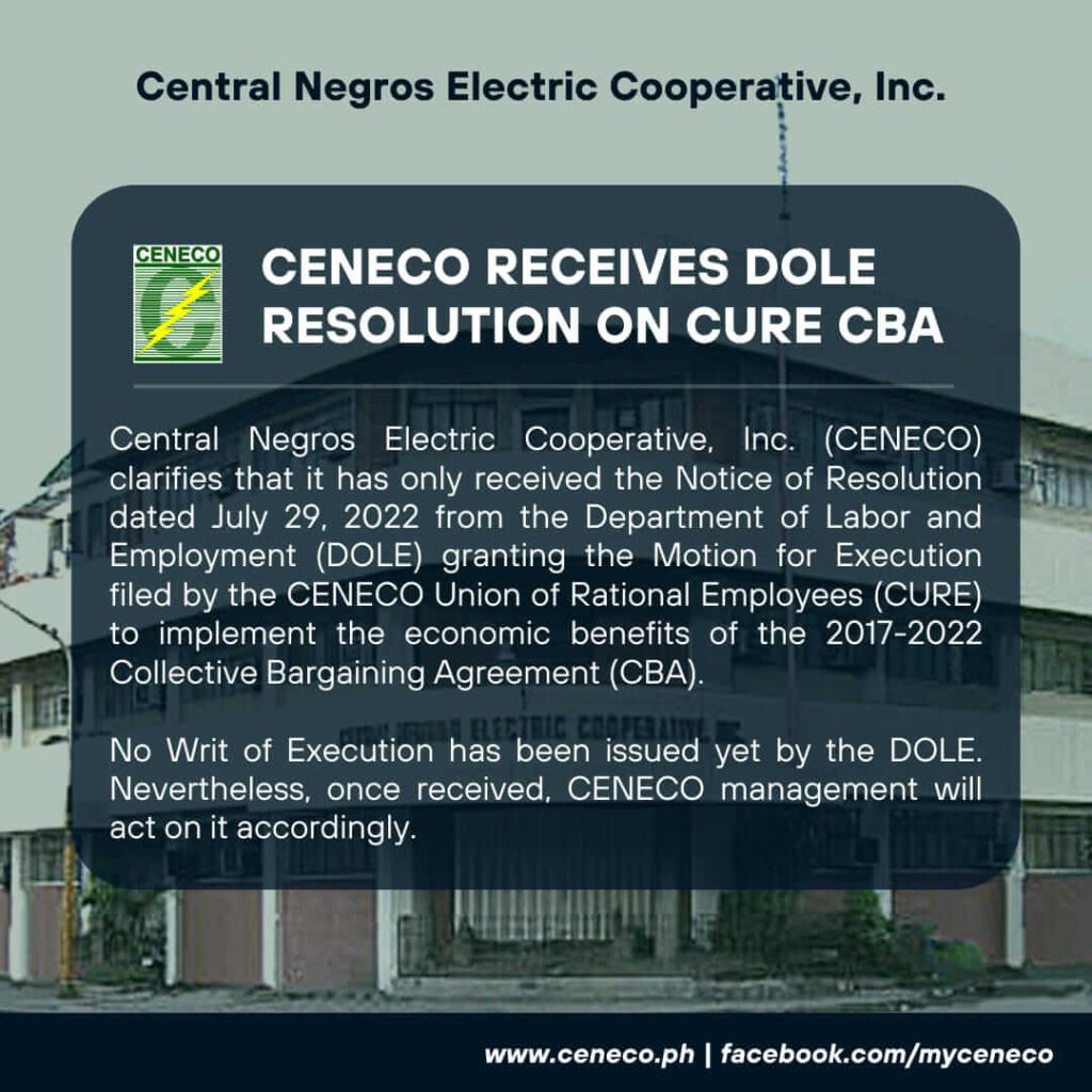 CENECO RECEIVES DOLE RESOLUTION ON CURE CBA - Central Negros Electric