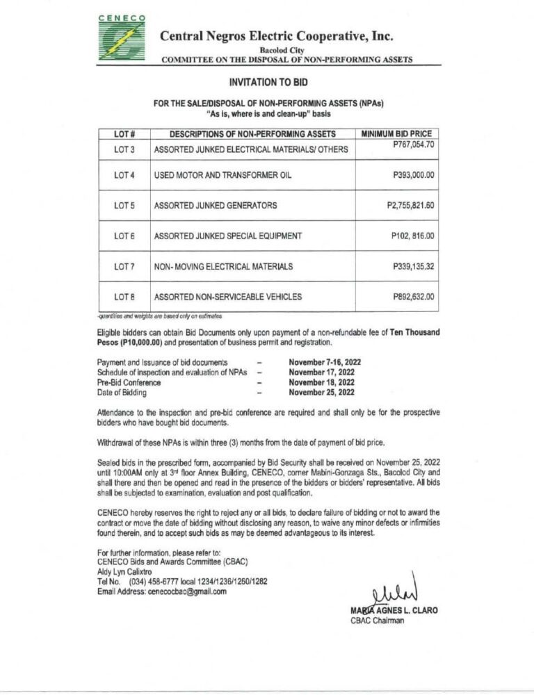 INVITATION TO BID FOR THE SALE/DISPOSAL OF NON-PERFORMING ASSETS