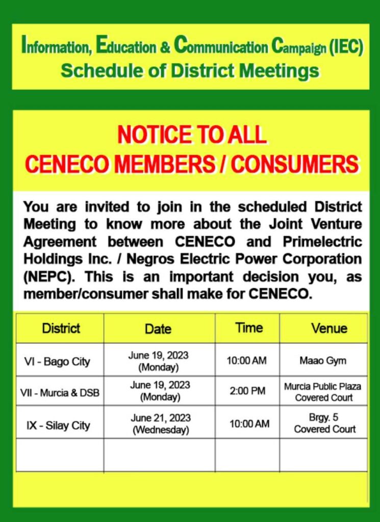 NOTICE TO ALL CENECO MEMBERS/CONSUMERS: More IEC Schedules