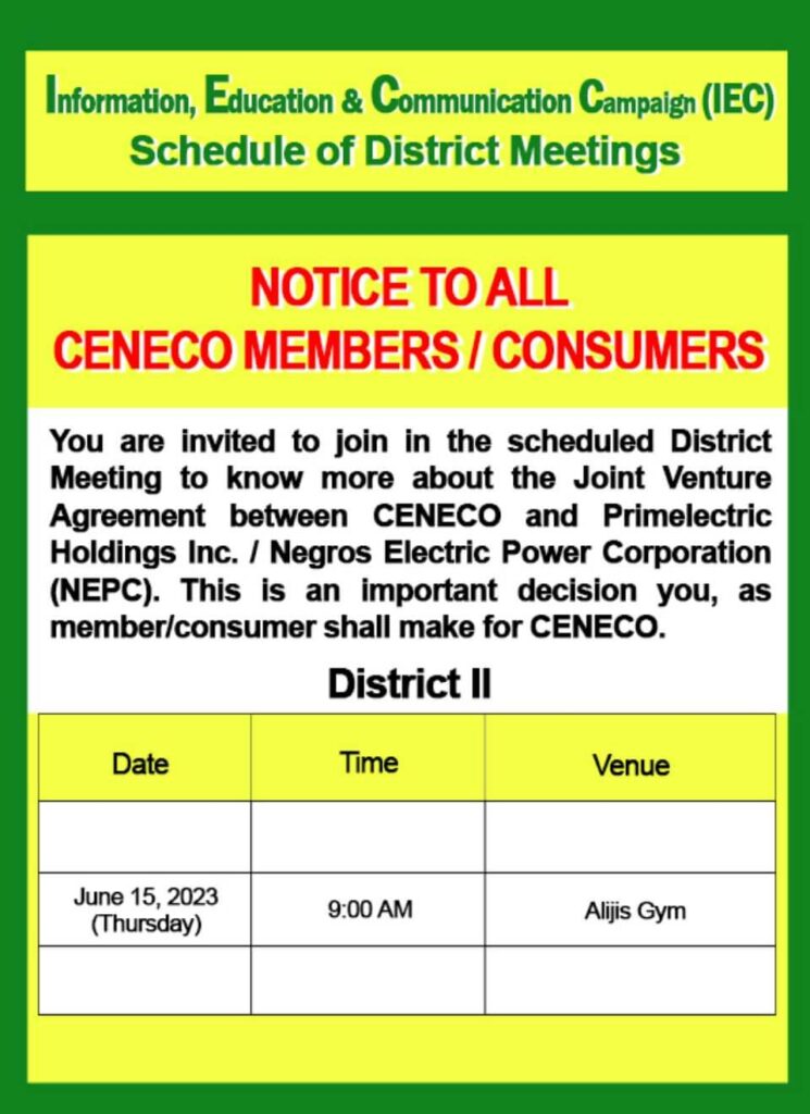 NOTICE TO ALL CENECO MEMBERS/CONSUMERS: Scheduled District II Meeting