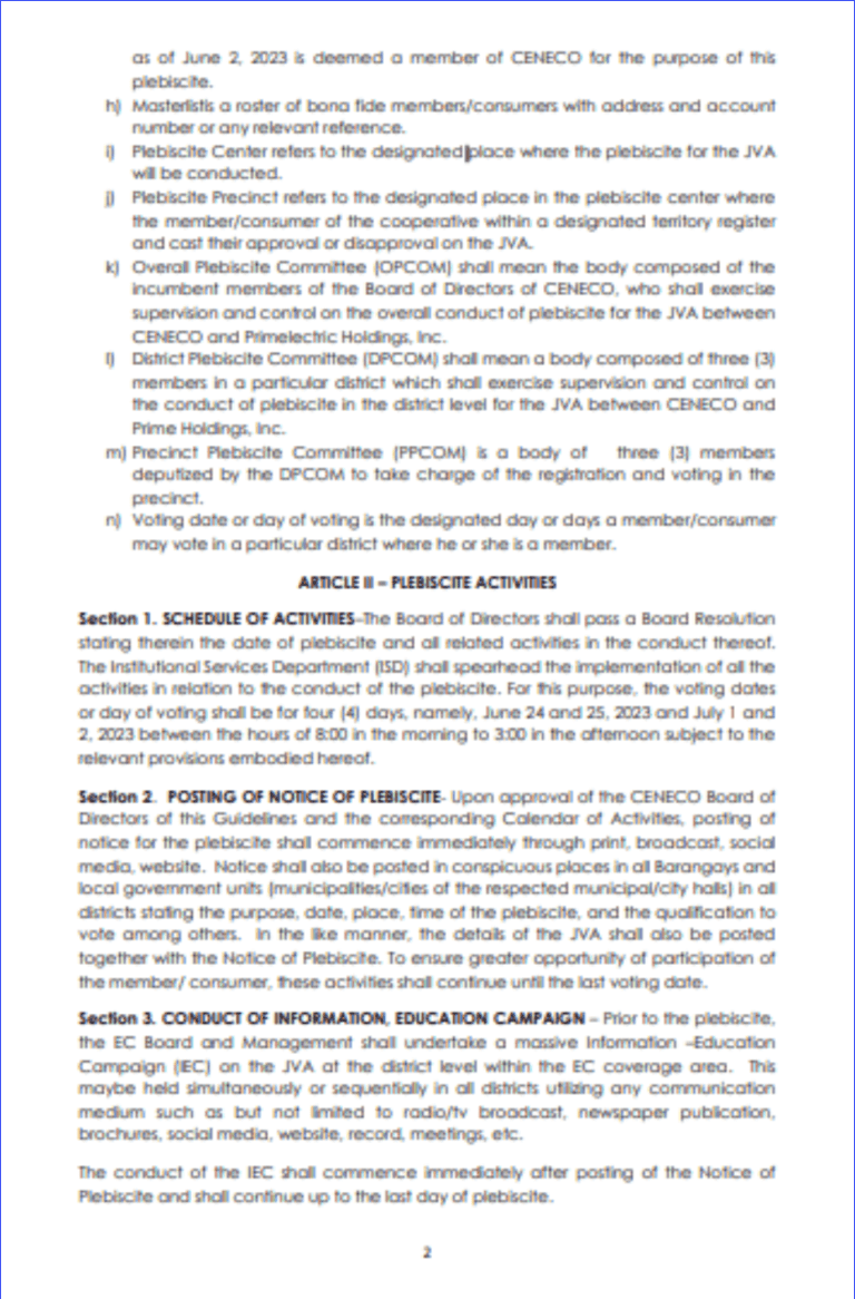 #READ : The Plebiscite guidelines in connection with the Joint Venture Agreement between CENECO and Primelectric Holdings, Inc./Negros Electric Power Corporation (NEPC) as amended per Board Resolution No. 13717, Series of 2023. The Plebiscite is set on June 24, 25, July 1, 2, 2023.