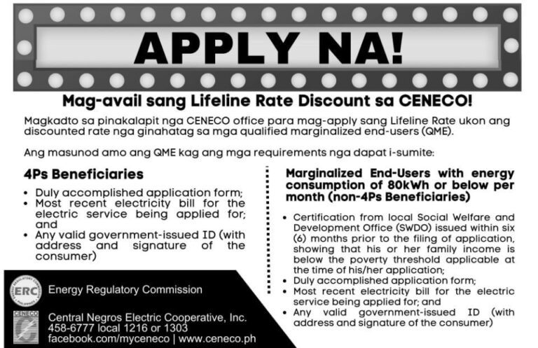 Mag-avail sang Lifeline Rate Subsidy sang CENECO!