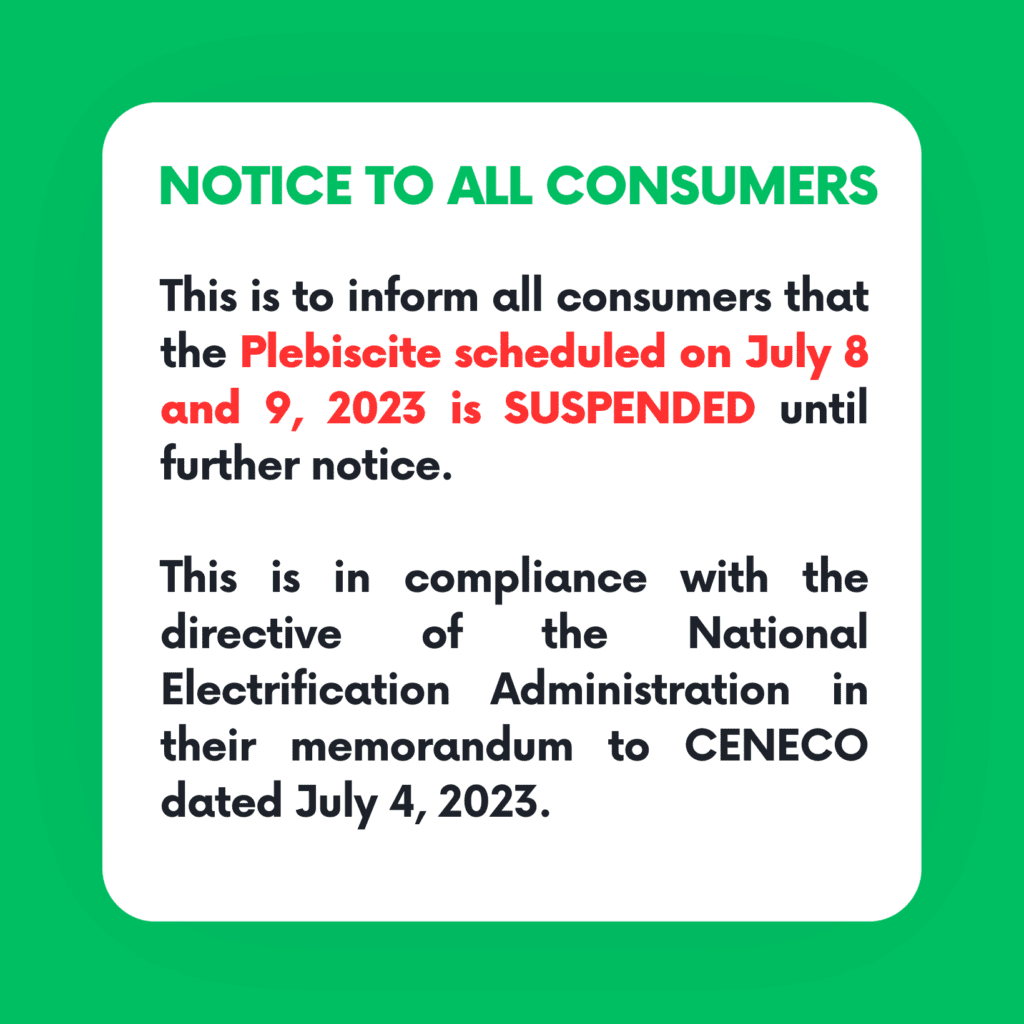 NOTICE TO ALL CONSUMERS: Plebiscite scheduled on July 8 and 9, 2023 is SUSPENDED until further notice.