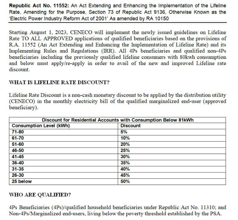Lifeline Rate Subsidy Discount - Central Negros Electric Cooperative, Inc.