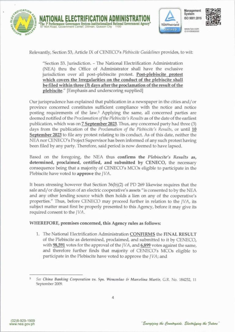 #READ: NEA Memorandum dated 12 September 2023: Plebiscite for the Joint Venture Agreement Between Central Negros Electric Cooperative, Inc. and Primelectric Holdings, Inc.