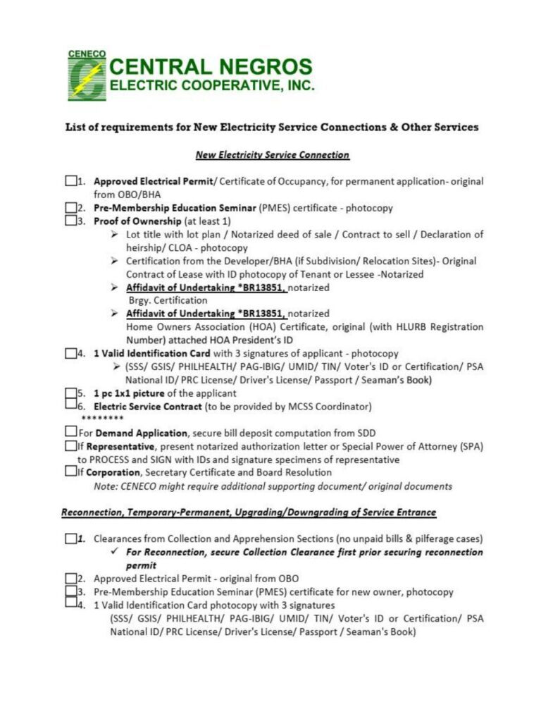 LIST OF REQUIREMENTS FOR NEW ELECTRICITY SERVICE CONNECTION AND OTHER SERVICES