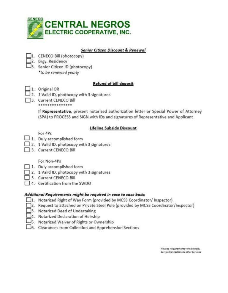 LIST OF REQUIREMENTS FOR NEW ELECTRICITY SERVICE CONNECTION AND OTHER SERVICES