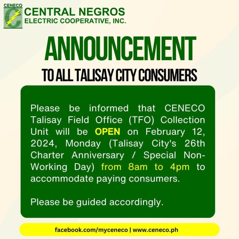 CENECO ANNOUNCEMENT: In view of the Talisay City's 26th Charter Anniversary / Special Non-Working Day
