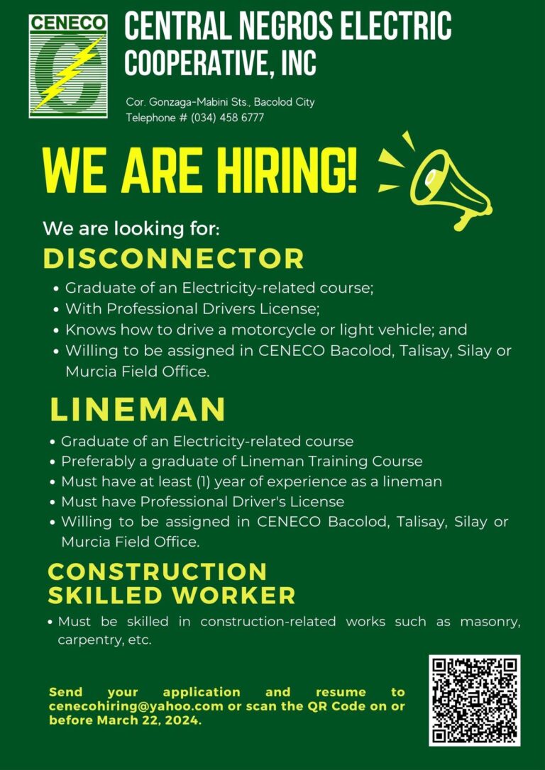CENECO NOTICE FOR EXTERNAL HIRING: DISCONNECTOR, LINEMAN, CONSTRUCTION SKILLED WORKER