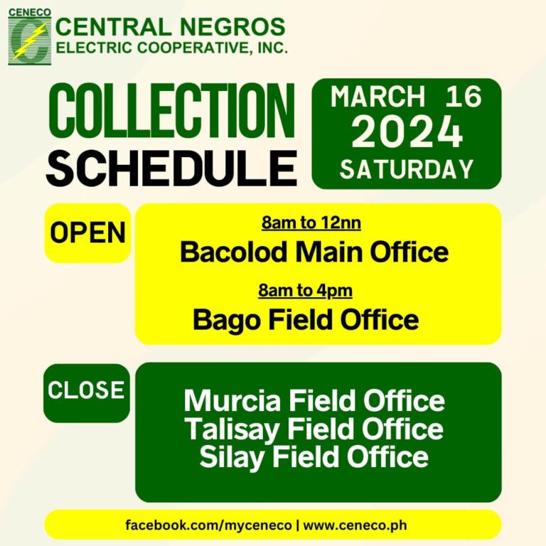ANNOUNCEMENT: CENECO Collection Section schedule on March 16, 2024