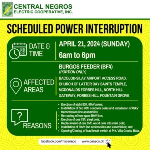 CENECO SETS POWER INTERRUPTION ON APRIL 21