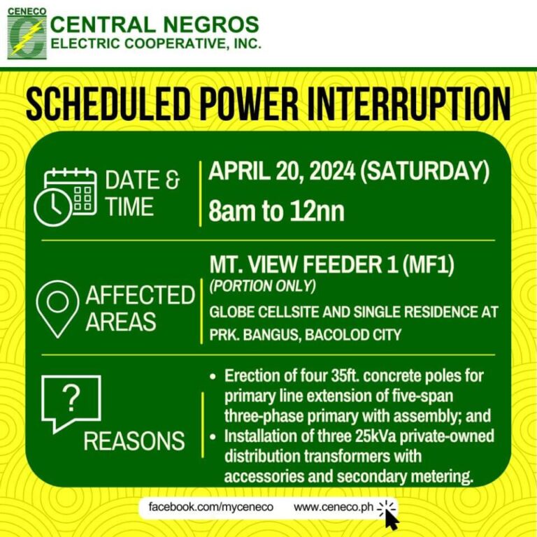 CENECO SETS POWER INTERRUPTION ON APRIL 20