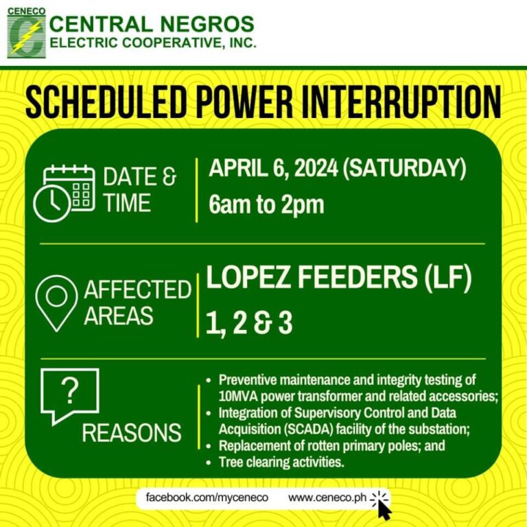 CENECO SETS POWER INTERRUPTION ON APRIL 6