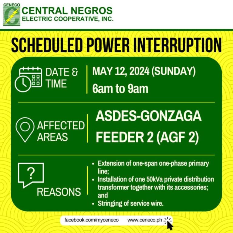 CENECO SETS POWER INTERRUPTION ON MAY 12 (AGF2 and BF2)